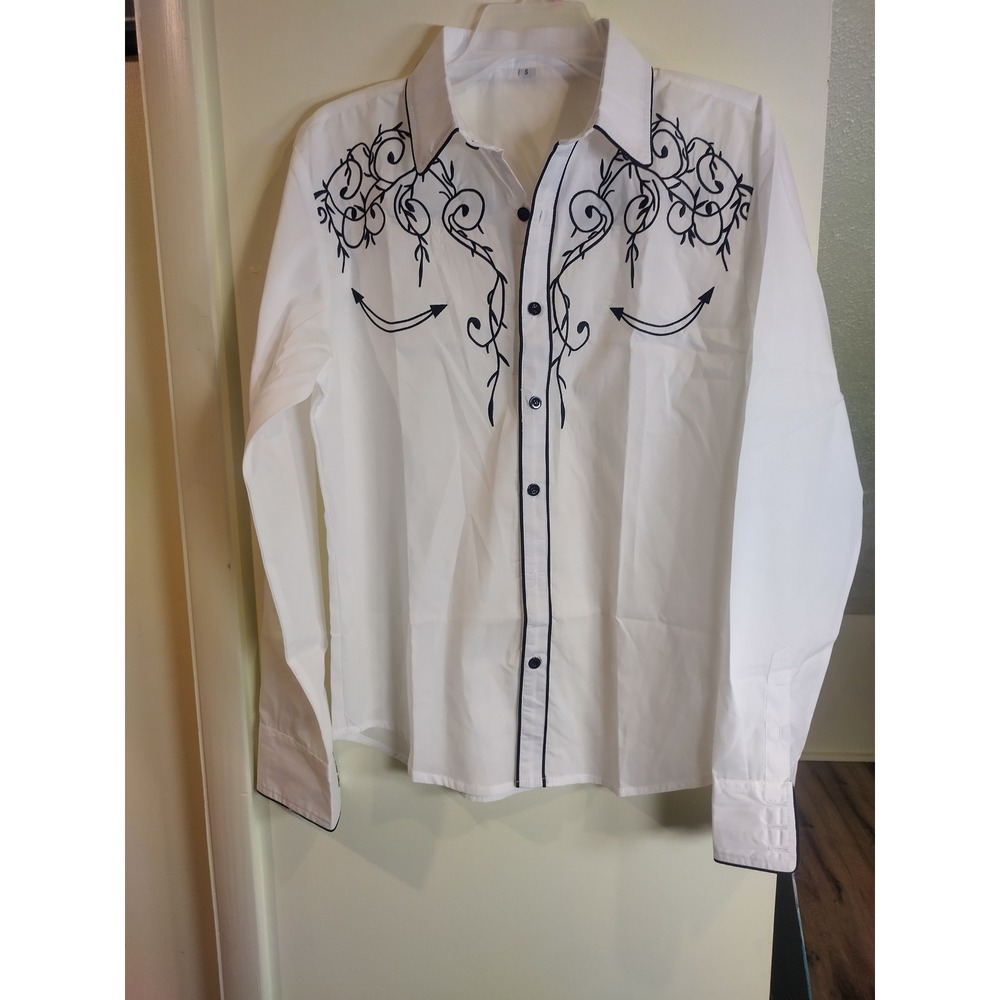Mens Western Embroidered Long Sleeve Button Down Shirt White Black Small